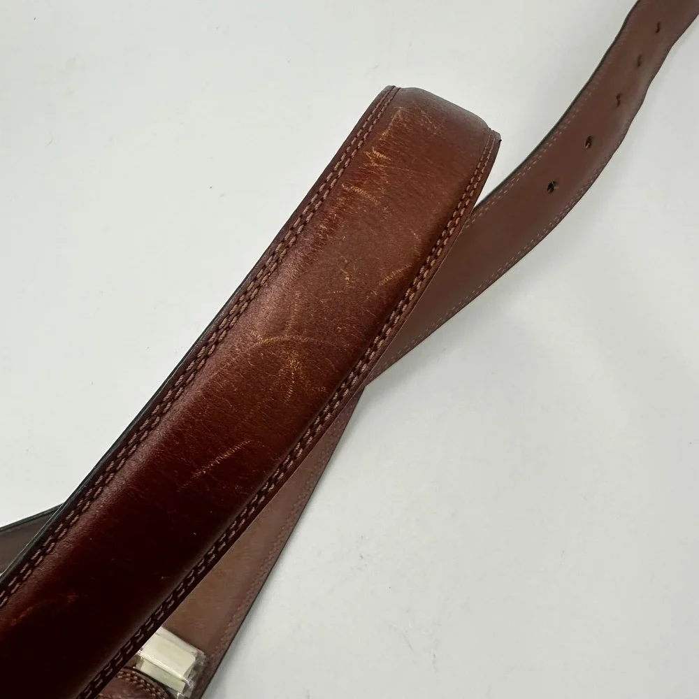 Full Grain Cowhide Leather Belt Mens Size 50 Brown Silver Buckle Classic Dress